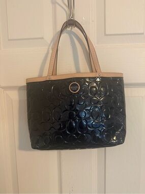 Coach Black Patent Tote with Light Tan Handles